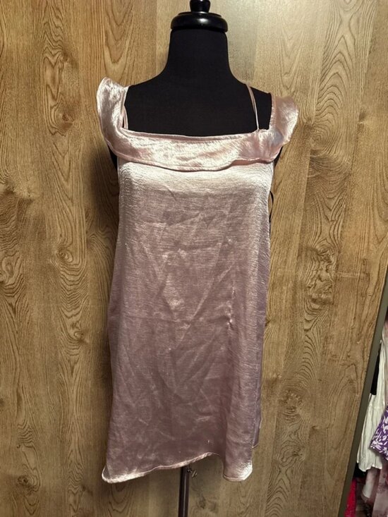 Dresses & Skirts - Pink Satin Ruffle Strap Slip Mini Dress